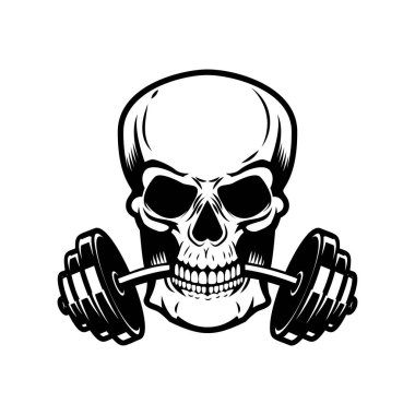 Dişlerinde halter olan bir kafatası. Vektör illüstrasyonu