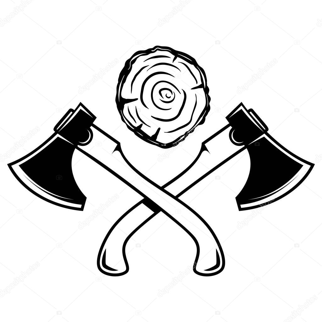 Crossed lumberjack axes with wood cut. Design element for logo, emblem, sign, poster, t shirt. Vector illustration