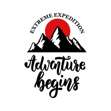 Macera. Dağ amblemi. Logo, amblem, işaret, poster ve tişört için tasarım elemanı. Vektör illüstrasyonu