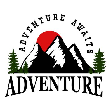 Macera. Dağ amblemi. Logo, amblem, işaret, poster ve tişört için tasarım elemanı. Vektör illüstrasyonu