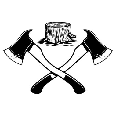 Ahşap kesimli oduncu baltalarını çaprazladım. Logo, amblem, işaret, poster ve tişört için tasarım elemanı. Vektör illüstrasyonu