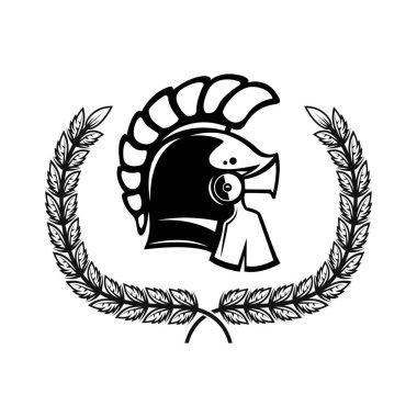 Şöhret çelenkli Spartalı miğfer. Logo, amblem, işaret, poster ve tişört için tasarım elemanı. Vektör illüstrasyonu
