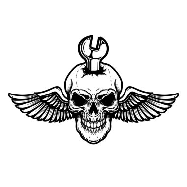 İngiliz anahtarlı kanatlı kafatası. Logo, etiket ve imza için tasarım ögesi. Vektör illüstrasyonu