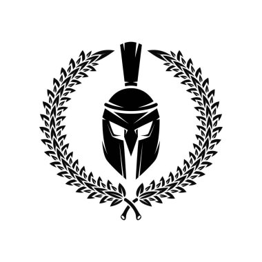 Şöhret çelenkli Spartalı miğfer. Logo, amblem, işaret, poster ve tişört için tasarım elemanı. Vektör illüstrasyonu