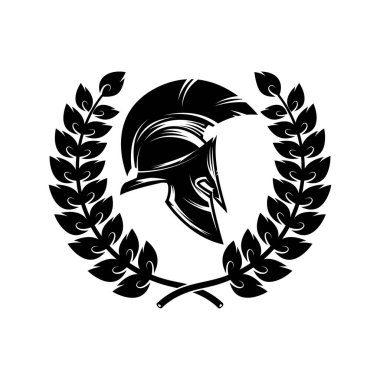 Şöhret çelenkli Spartalı miğfer. Logo, amblem, işaret, poster ve tişört için tasarım elemanı. Vektör illüstrasyonu
