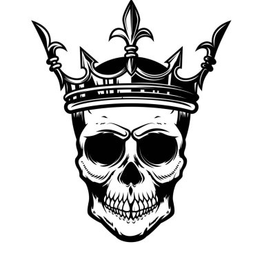 Kafatası ve kral tacı. Logo, etiket, işaret, amblem için tasarım ögesi. Vektör illüstrasyonu