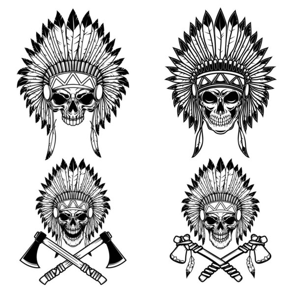 Американский череп в традиционном головном уборе и скрещенных томагавках. Элемент дизайна логотипа, эмблемы, знака, плаката, футболки. Векторная иллюстрация