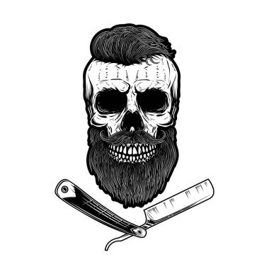 Berber traş bıçağıyla sakallı kafatası. Logo, etiket, işaret, amblem için tasarım ögesi. Vektör illüstrasyonu