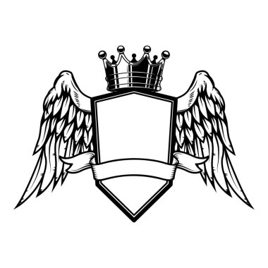 Kanatları ve tacı olan amblem şablonu. Logo, etiket, işaret, amblem için tasarım ögesi. Vektör illüstrasyonu