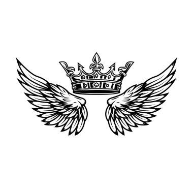 Kral tacının ve tek renkli kanatların tasviri. Logo, amblem, işaret, poster ve tişört için tasarım elemanı. Vektör illüstrasyonu