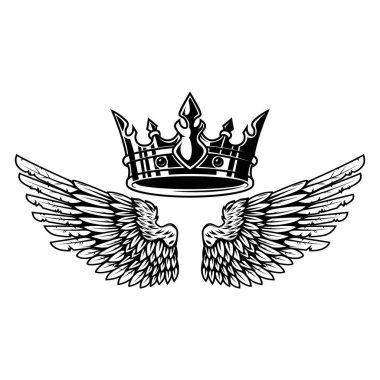 Kral tacının ve tek renkli kanatların tasviri. Logo, amblem, işaret, poster ve tişört için tasarım elemanı. Vektör illüstrasyonu