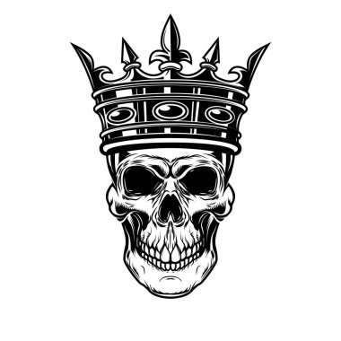 Kafatası ve kral tacı. Logo, etiket, işaret, amblem için tasarım ögesi. Vektör illüstrasyonu