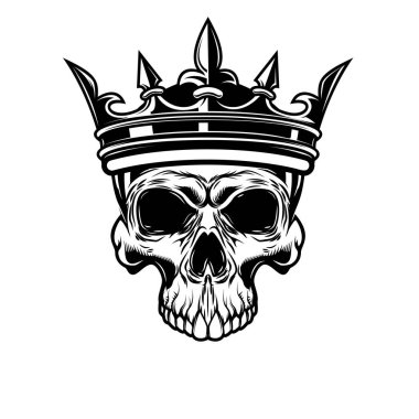 Kafatası ve kral tacı. Logo, etiket, işaret, amblem için tasarım ögesi. Vektör illüstrasyonu