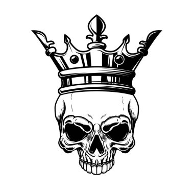 Kafatası ve kral tacı. Logo, etiket, işaret, amblem için tasarım ögesi. Vektör illüstrasyonu