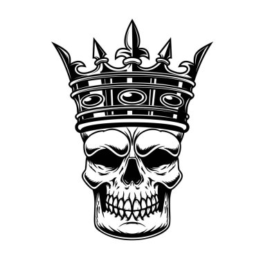 Kafatası ve kral tacı. Logo, etiket, işaret, amblem için tasarım ögesi. Vektör illüstrasyonu