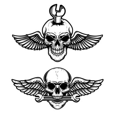 İngiliz anahtarlı kanatlı kafatası. Logo, etiket ve imza için tasarım ögesi. Vektör illüstrasyonu