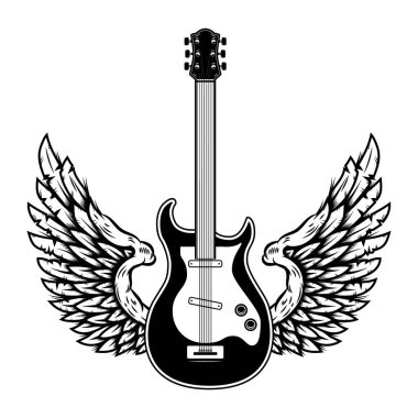 Kanatlı rock gitarı tasviri. Logo, etiket ve imza için tasarım ögesi. Vektör illüstrasyonu