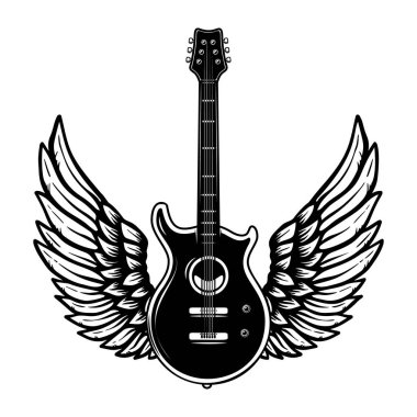 Kanatlı rock gitarı tasviri. Logo, etiket ve imza için tasarım ögesi. Vektör illüstrasyonu