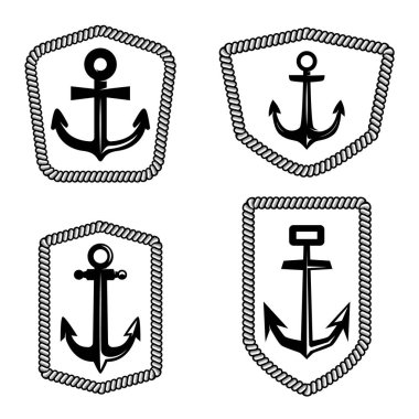 Çapalı amblem şablonları. Logo, etiket, işaret, rozet için tasarım elemanı. Vektör illüstrasyonu