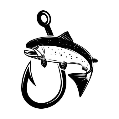 Somon ve olta iğnesi. Amblem, işaret, rozet ve logo için tasarım elemanı. Vektör illüstrasyonu