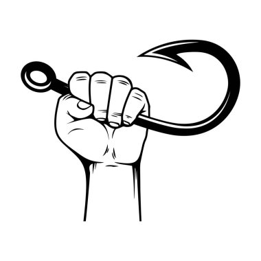 Balık oltasını tutarken. Poster, kart, pankart, amblem ve imza için tasarım öğesi. Vektör illüstrasyonu