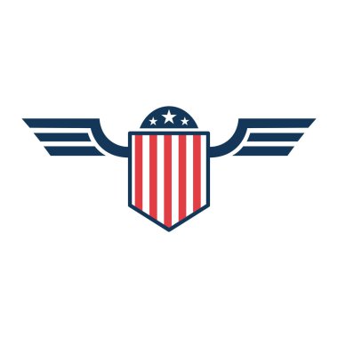 Amerikan bayrağı ve kanatlarıyla amblem şablonu. Amblem, işaret, rozet ve logo için tasarım elemanı. Vektör illüstrasyonu