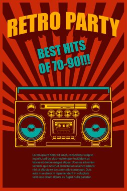 Retro parti. Eski tarz boombox ile poster şablonu. Pankart, işaret, el ilanı için tasarım elemanı. Vektör illüstrasyonu