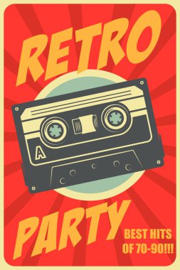 Retro parti. Eski tarz ses kaseti olan poster şablonu. Pankart, işaret, el ilanı için tasarım elemanı. Vektör illüstrasyonu