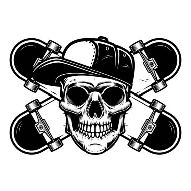 Kaykaycı kafatası ve çapraz kaykay. Logo, etiket işareti, poster ve tişört için tasarım elemanı. Vektör illüstrasyonu