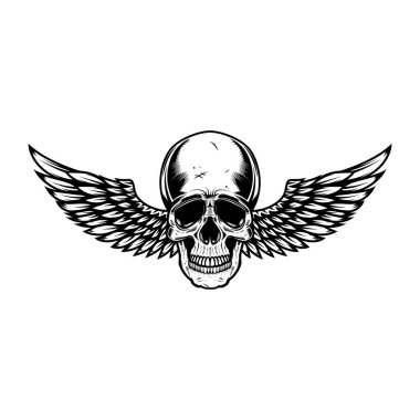 Kanatlı kafatası. Amblem, işaret, rozet ve logo için tasarım elemanı. Vektör illüstrasyonu