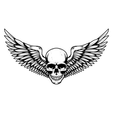 Kanatlı kafatası. Amblem, işaret, rozet ve logo için tasarım elemanı. Vektör illüstrasyonu