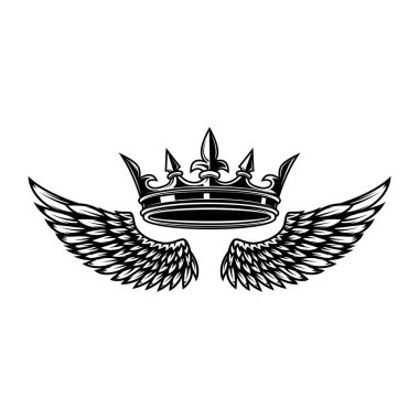 Kral tacının ve tek renkli kanatların tasviri. Logo, amblem, işaret, poster ve tişört için tasarım elemanı. Vektör illüstrasyonu