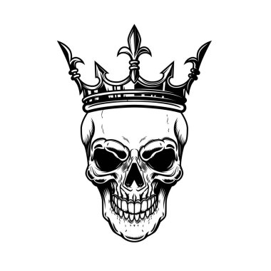 Kafatası ve kral tacı. Logo, etiket, işaret, amblem için tasarım ögesi. Vektör illüstrasyonu