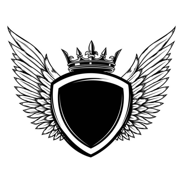 Emblem template with wings and crown. Design element for logo, label, sign, emblem. Vector illustration
