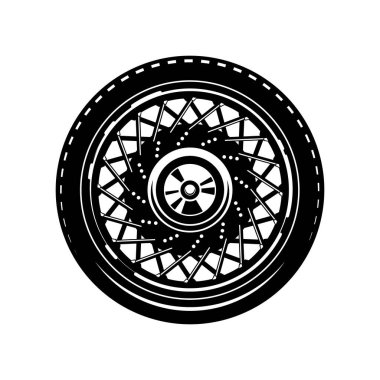 Tekerlek illüstrasyonunda tek renkli. Logo, etiket, işaret, amblem için tasarım ögesi. Vektör illüstrasyonu