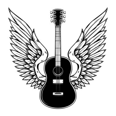 Kanatlı rock gitarı tasviri. Logo, etiket ve imza için tasarım ögesi. Vektör illüstrasyonu