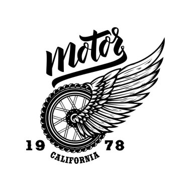 Motorlu. Kanatlı tekerli tişört baskı şablonu. Vektör illüstrasyonu