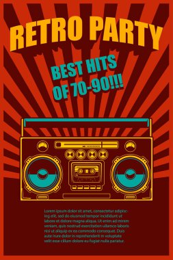 Retro parti. Eski tarz boombox ile poster şablonu. Pankart, işaret, el ilanı için tasarım elemanı. Vektör illüstrasyonu