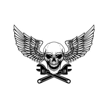 Çapraz anahtarlı kanatlı kafatası. Amblem, işaret, rozet ve logo için tasarım elemanı. Vektör illüstrasyonu