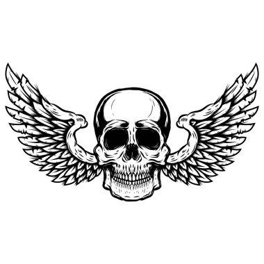 Kanatlı kafatası. Amblem, işaret, rozet ve logo için tasarım elemanı. Vektör illüstrasyonu