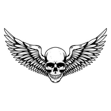 Kanatlı kafatası. Amblem, işaret, rozet ve logo için tasarım elemanı. Vektör illüstrasyonu