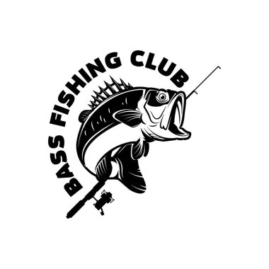 Bas balıkçılık kulübü. Levrek ve olta kamışı. Logo, etiket, işaret, rozet için tasarım elemanı. Vektör illüstrasyonu