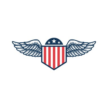 Amerikan bayrağı ve kanatlarıyla amblem şablonu. Amblem, işaret, rozet ve logo için tasarım elemanı. Vektör illüstrasyonu