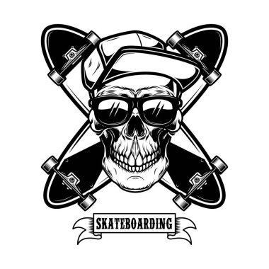 Kaykaycı kafatası ve çapraz kaykay. Logo, etiket işareti, poster ve tişört için tasarım elemanı. Vektör illüstrasyonu