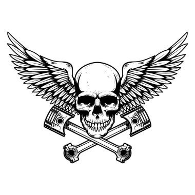 Çapraz pistonlu kanatlı kafatası. Amblem, işaret, rozet ve logo için tasarım elemanı. Vektör illüstrasyonu