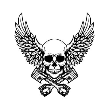 Çapraz pistonlu kanatlı kafatası. Amblem, işaret, rozet ve logo için tasarım elemanı. Vektör illüstrasyonu