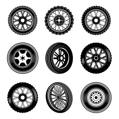 Monokrom tarzında farklı araba ve motosiklet tekerlekleri. Logo, etiket, işaret, poster, kart için tasarım ögesi. Vektör illüstrasyonu