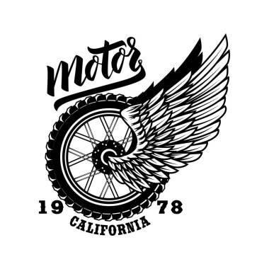 Motorlu. Kanatlı tekerli t-shirt şablonu. Vektör illüstrasyonu