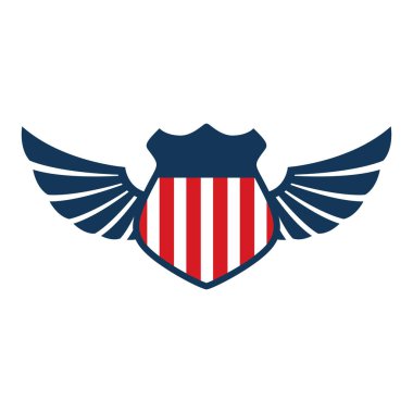Amerikan bayrağı ve kanatlarıyla amblem şablonu. Amblem, işaret, rozet ve logo için tasarım elemanı. Vektör illüstrasyonu