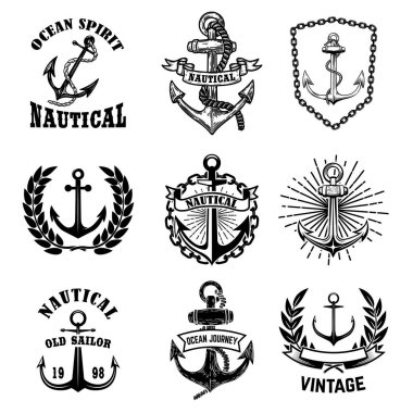 Klasik deniz amblemleri seti. Poster, amblem, imza, tişört tasarımı. Vektörel illüstrasyon